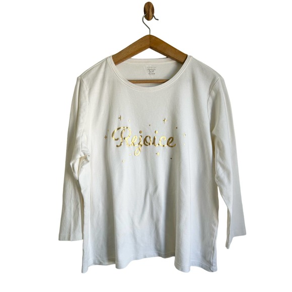 Kim Rogers Women’s XXL Petite Long Sleeve White Rejoice Graphic Tee Christmas - Picture 1 of 7
